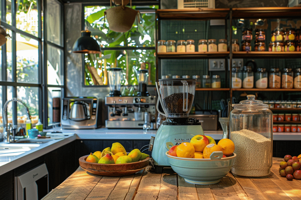 About Me 2 Sunlit modern kitchen in Dubai with rustic British accents, a blender, fresh tropical fruits, and clean, organized countertops