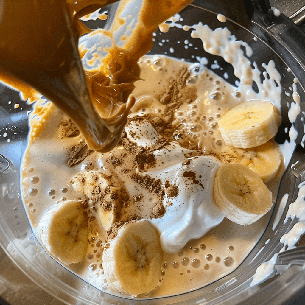 Peanut Butter Banana Smoothie Weight Loss Recipe That Feels Like a Treat 8 Adding ingredients to blender for peanut butter banana smoothie