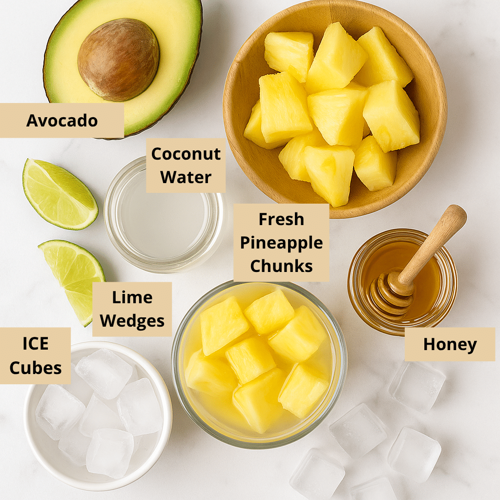 Avocolada Tropical Smoothie Recipe: Creamy, Refreshing & Healthy 7 Fresh ingredients for avocolada tropical smoothie laid out on white marble