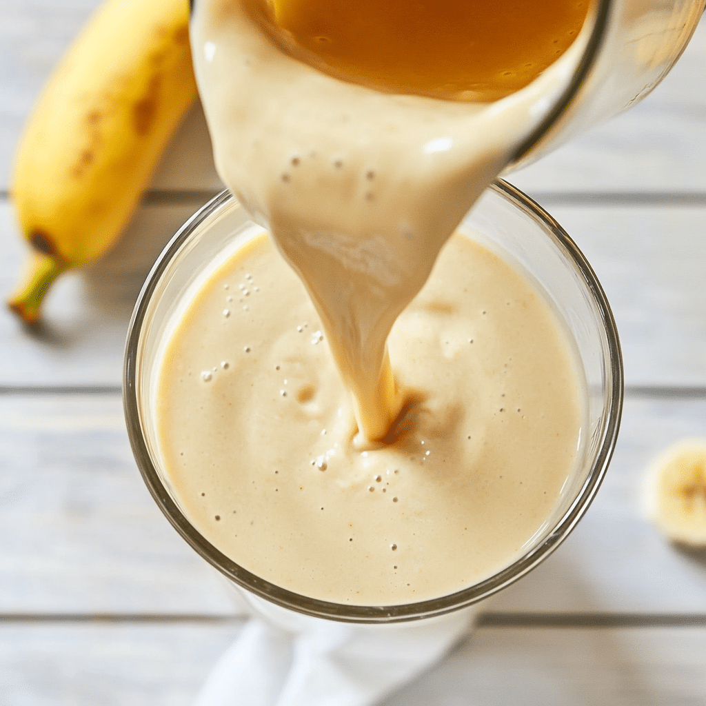 Cottage Cheese Banana Smoothie Recipe: Creamy, Healthy & High Protein 8 Pouring blended cottage cheese banana smoothie into a glass