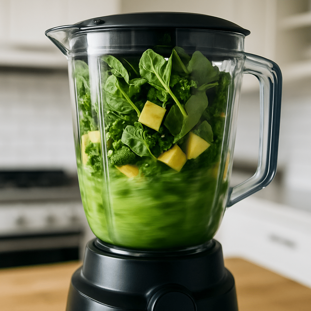Detox Island Green Smoothie: Powerful Cleanse with Tropical Flavor 8 blending detox island green smoothie in kitchen