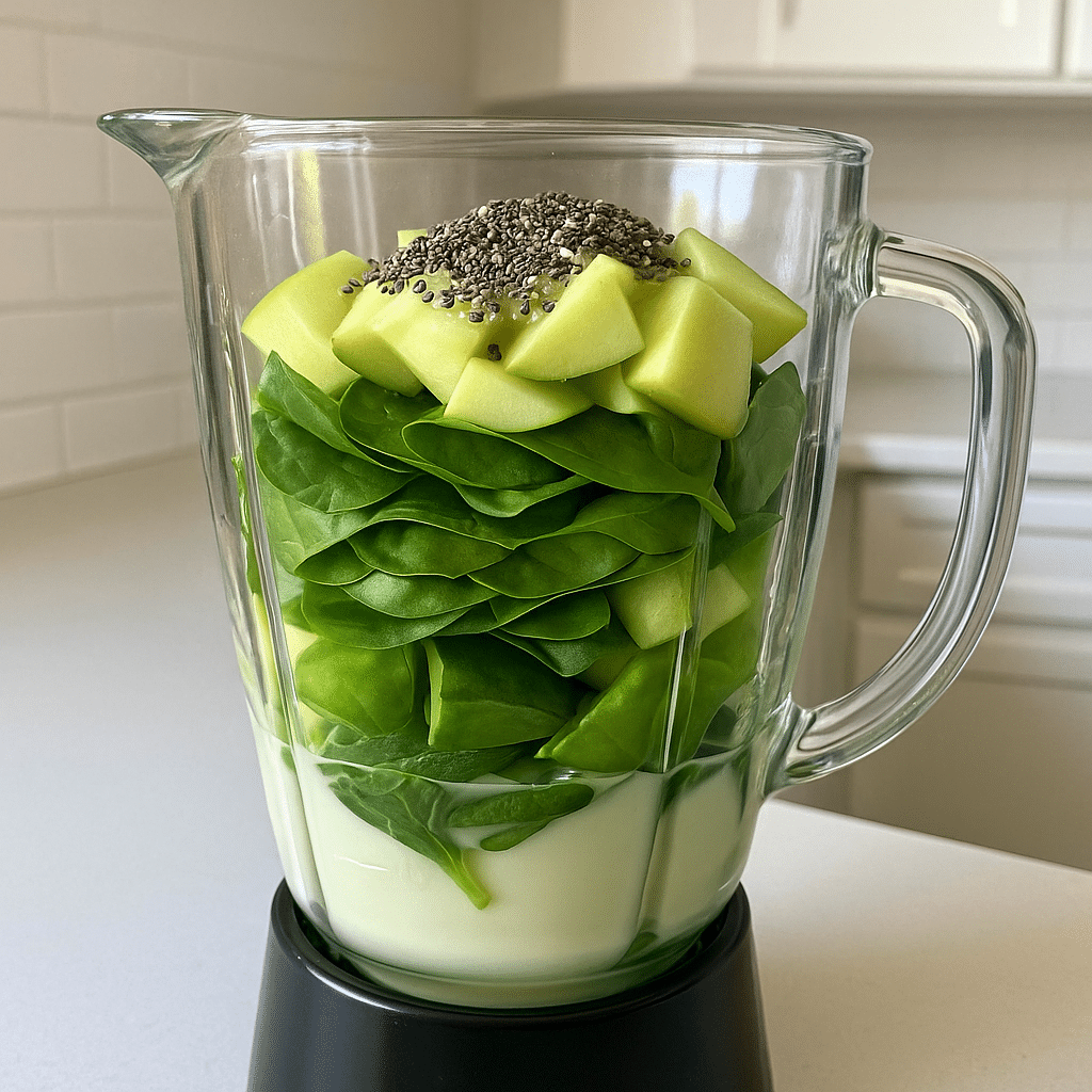 Green Detox Smoothie: Clean Energy & Weight Reset in Every Sip 8 adding green smoothie ingredients into blender