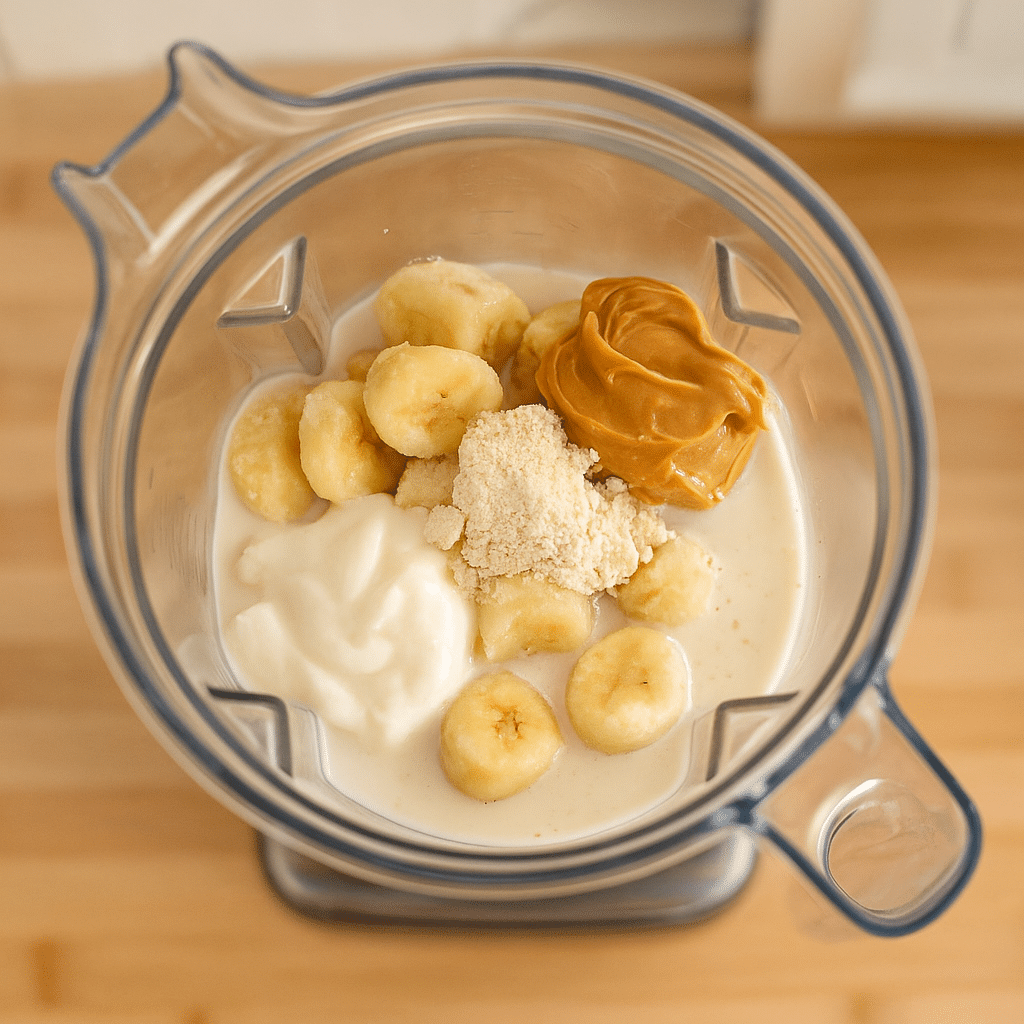Tropical Smoothie Peanut Paradise Recipe – Creamy & Healthy Delight 8 Blender filled with ingredients for tropical smoothie peanut paradise recipe