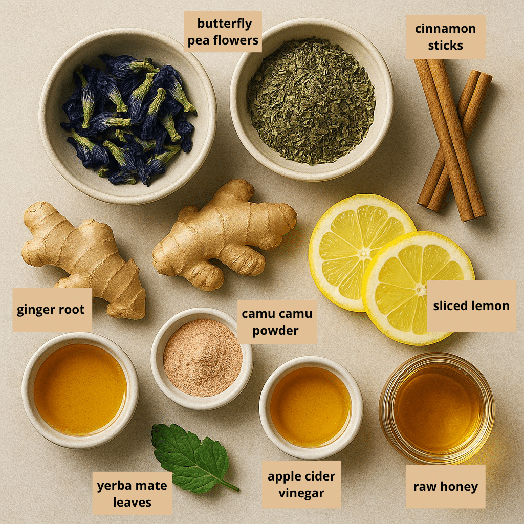 Brazilian Mounjaro Recipe: Natural Fat-Burning Detox Drink That Works 7 Ingredients for Brazilian Mounjaro drink laid out flat