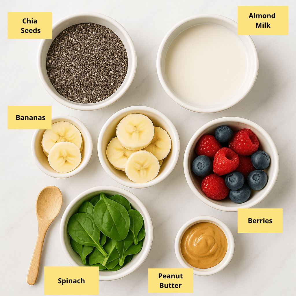 Chia Seed Smoothie Recipes for Energy, Weight Loss & Daily Health 8 Chia seed smoothie ingredients arranged on marble