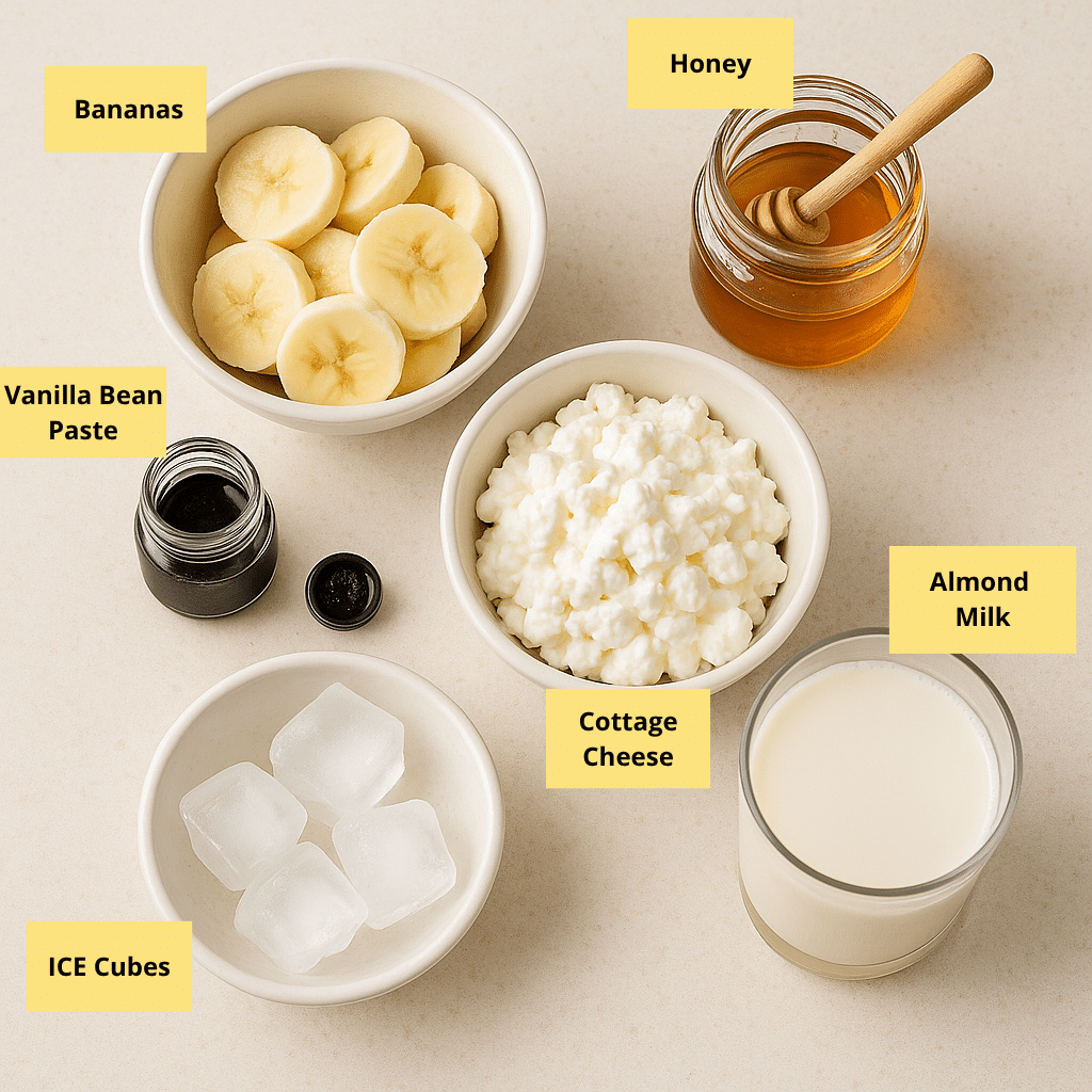 Cottage Cheese Banana Smoothie Recipe: Creamy, Healthy & High Protein 7 Ingredients for cottage cheese banana smoothie laid out on a counter
