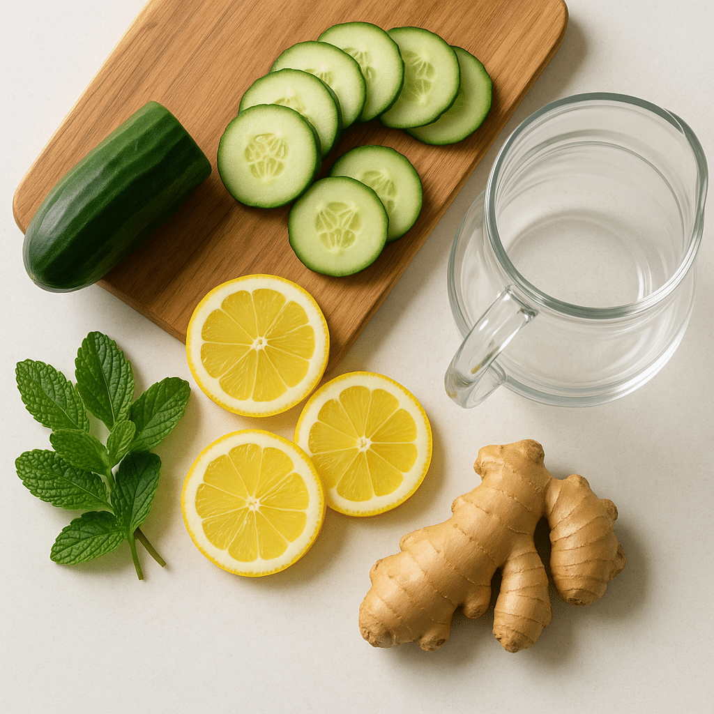 Cucumber Water Recipe: The Ultimate Refreshing Detox Drink 5 Ingredients for cucumber water recipe laid out on kitchen counter