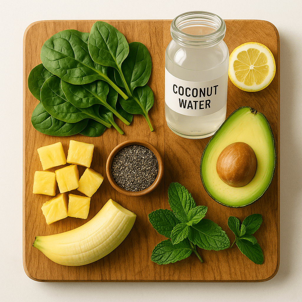 Glowing Green Smoothie for Radiant Skin and All-Day Natural Energy 7 glowing green smoothie ingredients flatlay