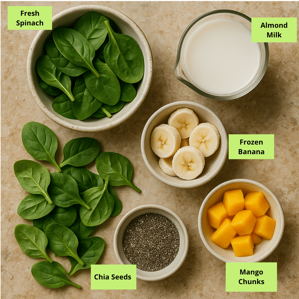 Green Smoothie Recipes to Jumpstart Your Mornings (Delicious & Easy Ideas) 7 green smoothie ingredients flat lay
