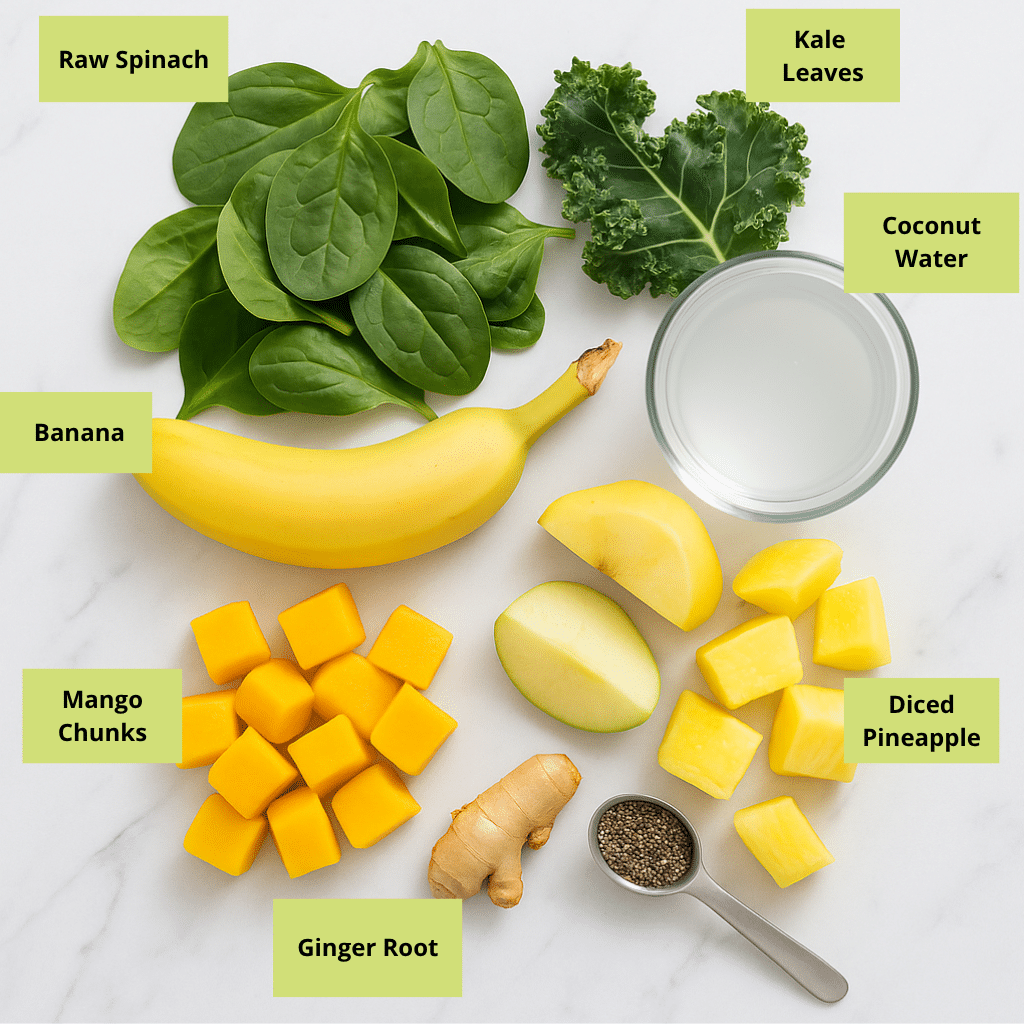 Island Green Smoothie Recipe from Tropical Smoothie (No Sugar Added) 7 Ingredients for Island Green Smoothie recipe from Tropical Smoothie on white background
