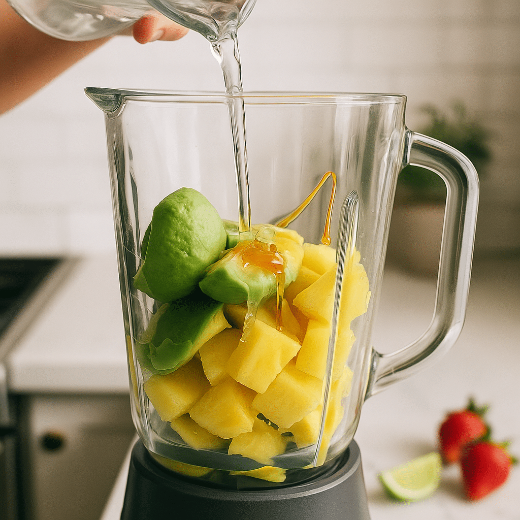 Avocolada Tropical Smoothie Recipe: Creamy, Refreshing & Healthy 8 Blender preparing avocolada tropical smoothie recipe with pineapple, avocado, and coconut water