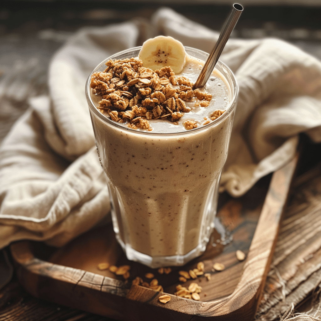 Peanut Butter Fruit Smoothie Recipes You’ll Love for Every Morning 8 served peanut butter fruit smoothie topped with banana and granola