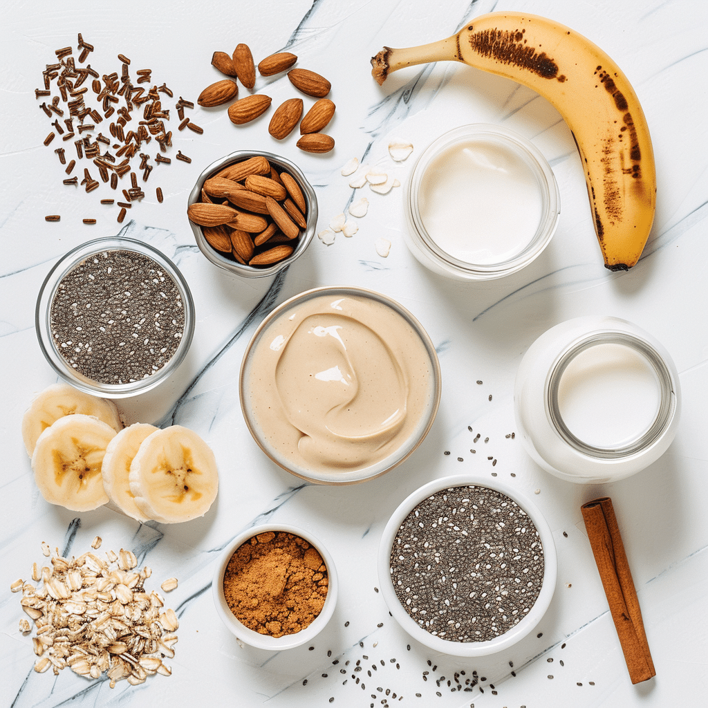 Peanut Butter Banana Smoothie Weight Loss Recipe That Feels Like a Treat 6 Peanut butter banana smoothie ingredients laid out